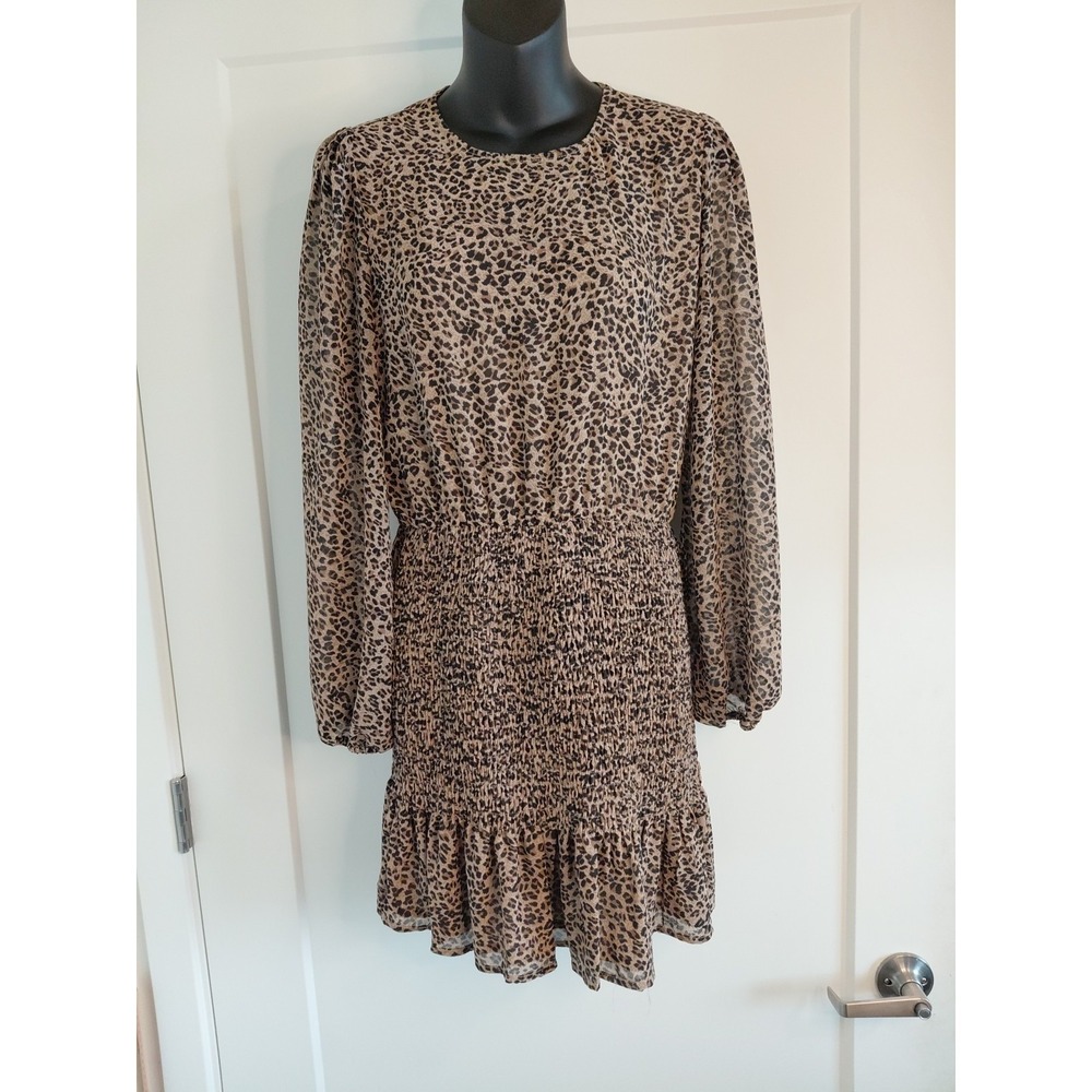 Mini Dress Leopard Print Lined Cinched/Ruched Waist Long Sleeve Sz M Boho Y2k